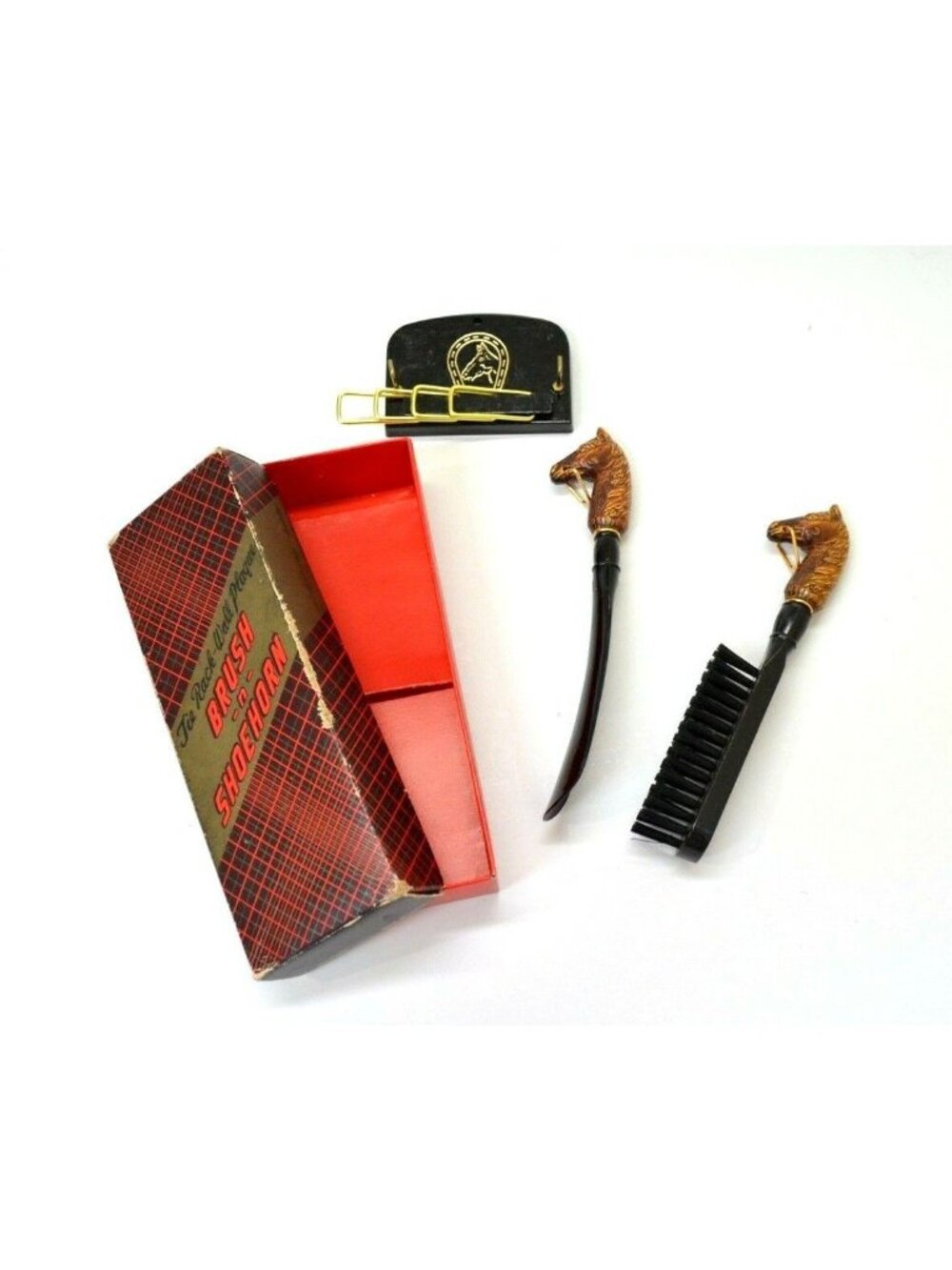 Vintage Horse Head Brush Shoehorn Tie Rack Wall Plaque Original Box #5400 Japan